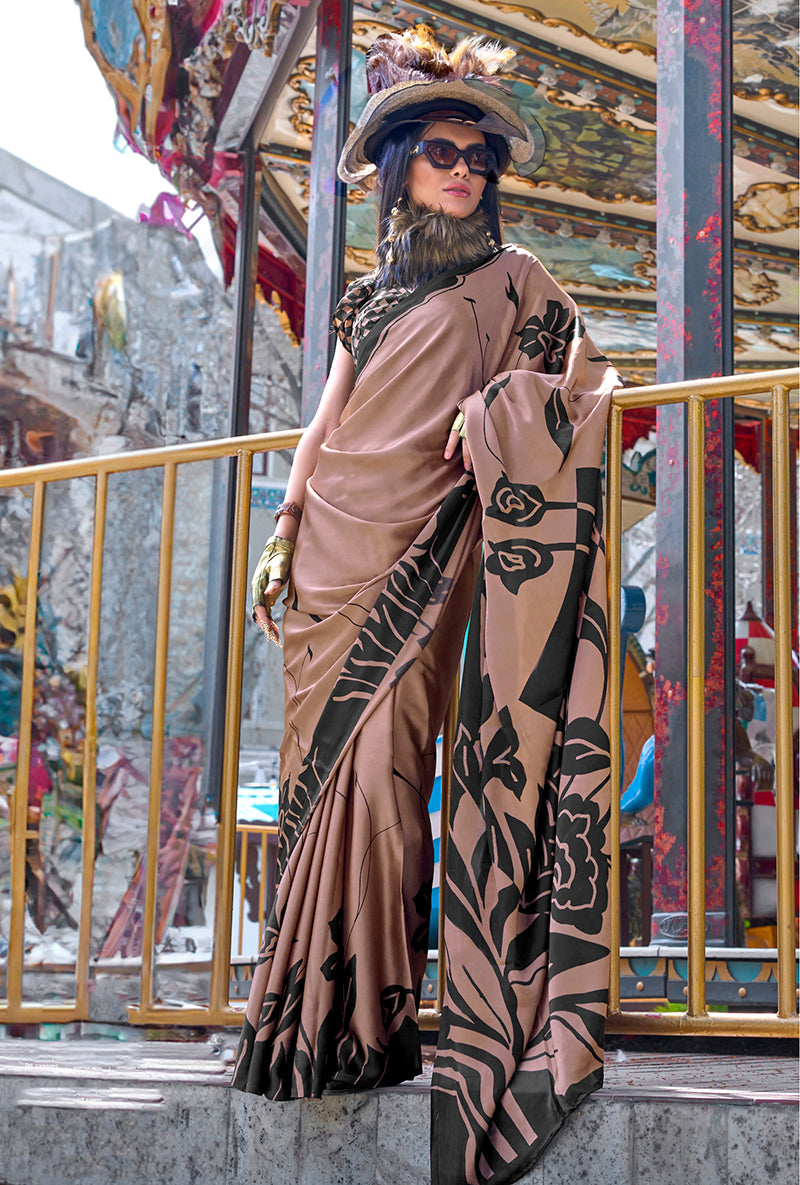 Monjolika Fashion Printed Satin Brown Colour Classic Saree