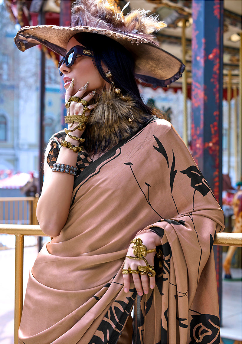 Monjolika Fashion Printed Satin Brown Colour Classic Saree