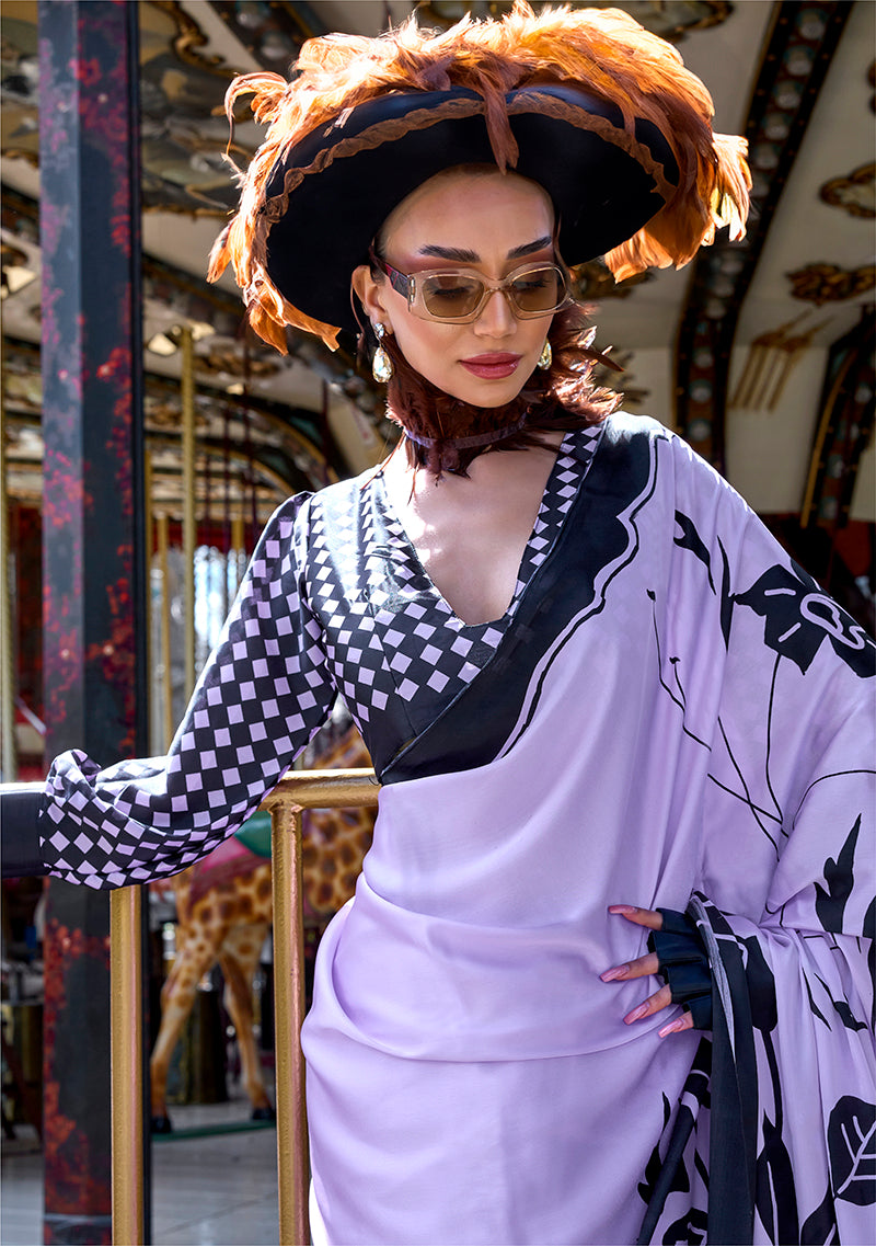 Monjolika Fashion Printed Satin Lavender Colour Classic Saree