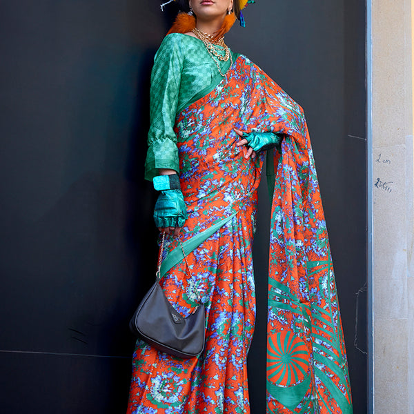 Monjolika Fashion Printed Satin Salmon Colour Classic Saree - Distacart