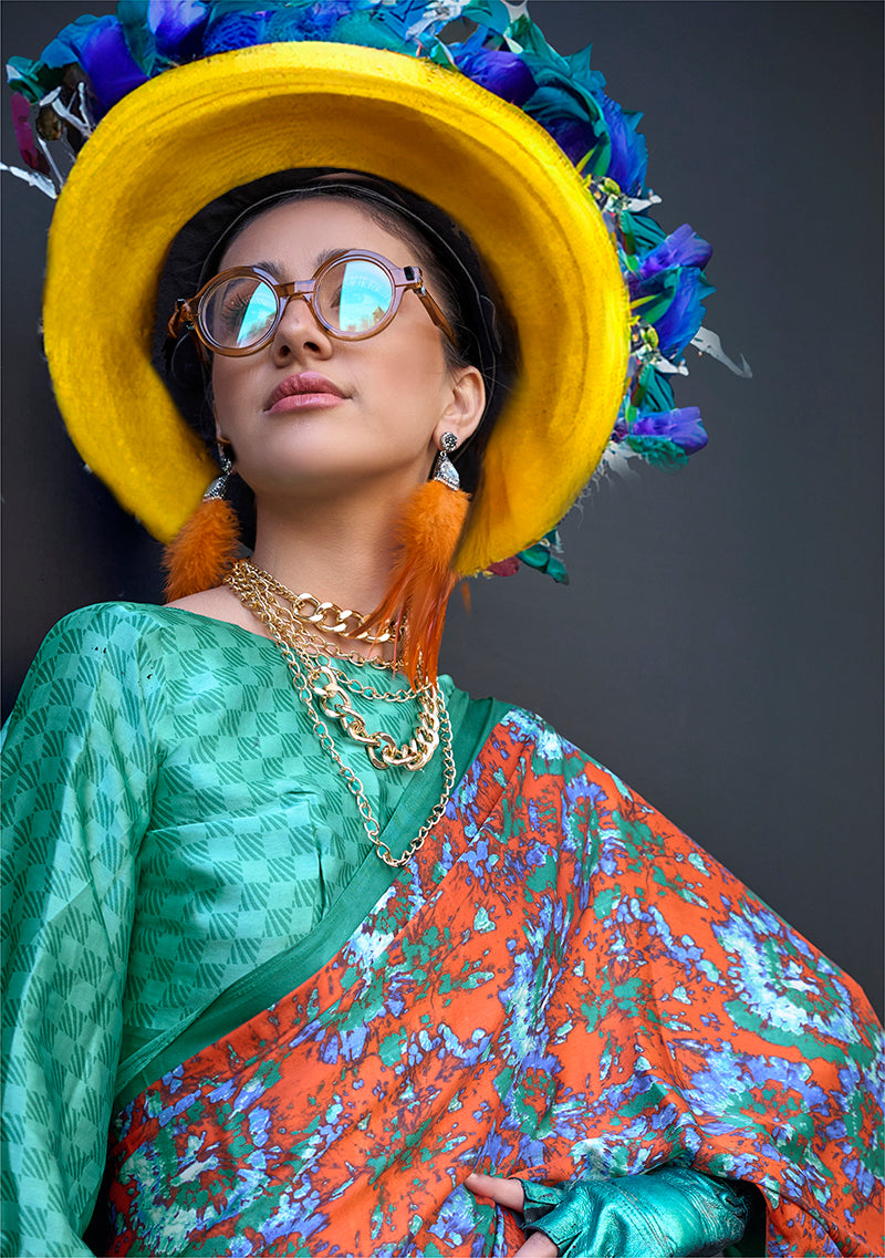 Monjolika Fashion Printed Satin Salmon Colour Classic Saree