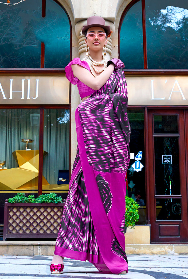 Monjolika Fashion Printed Satin Magenta Colour Classic Saree