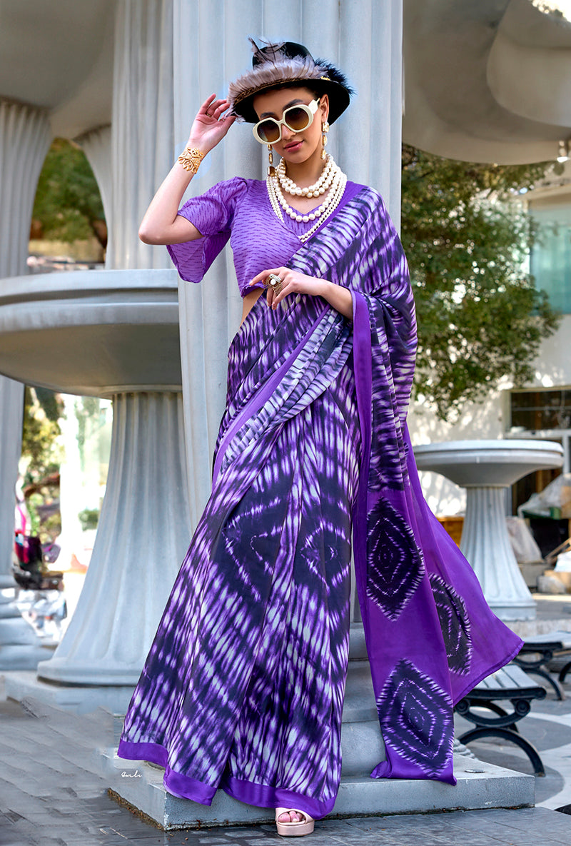 Monjolika Fashion Printed Satin Dark Violet Colour Classic Saree
