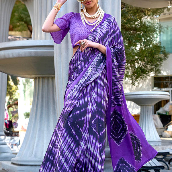 Monjolika Fashion Printed Satin Dark Violet Colour Classic Saree - Distacart