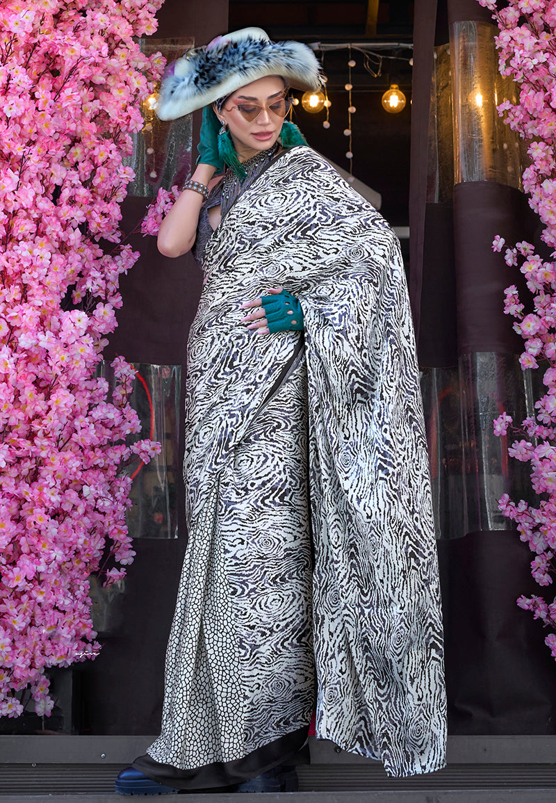 Monjolika Fashion Printed Satin White & Black Colour Classic Saree