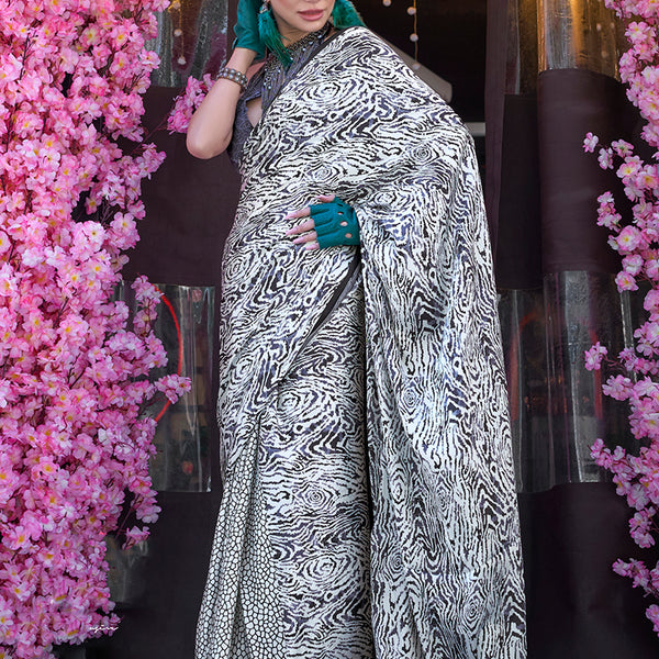 Monjolika Fashion Printed Satin White & Black Colour Classic Saree - Distacart