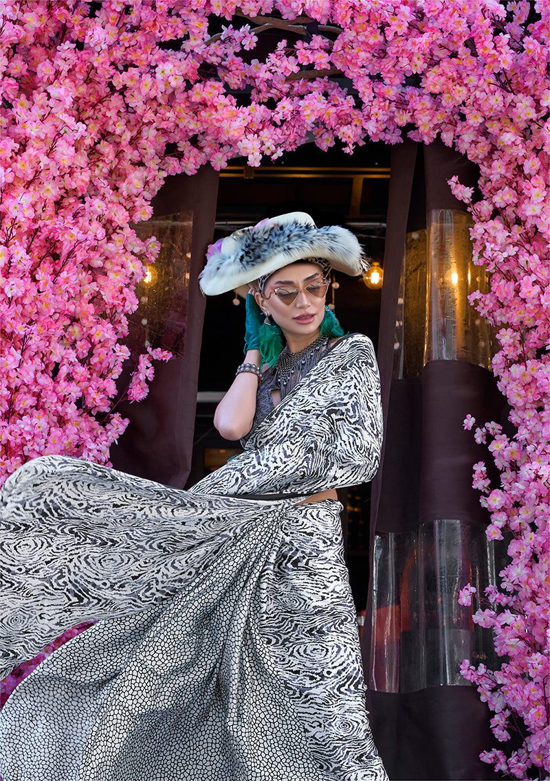 Monjolika Fashion Printed Satin White & Black Colour Classic Saree