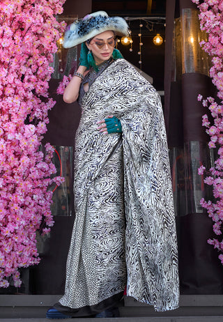 Monjolika Fashion Printed Satin White & Black Colour Classic Saree
