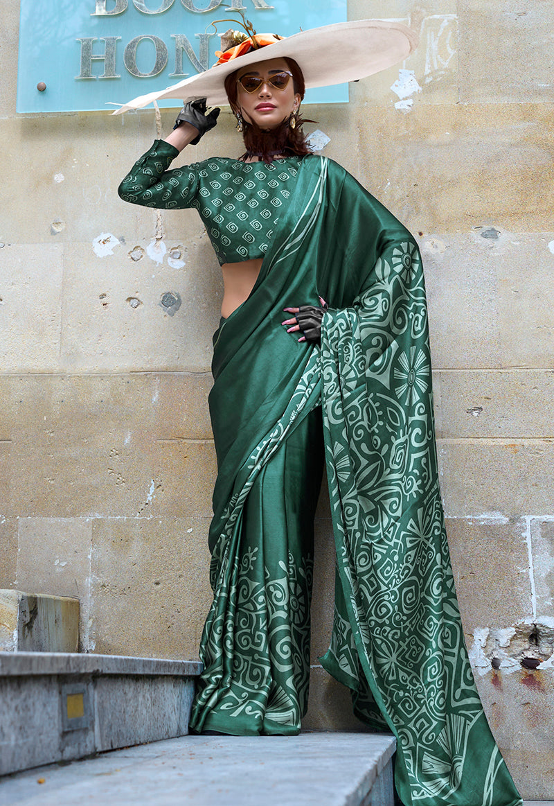Monjolika Fashion Printed Satin Dark Green Colour Classic Saree
