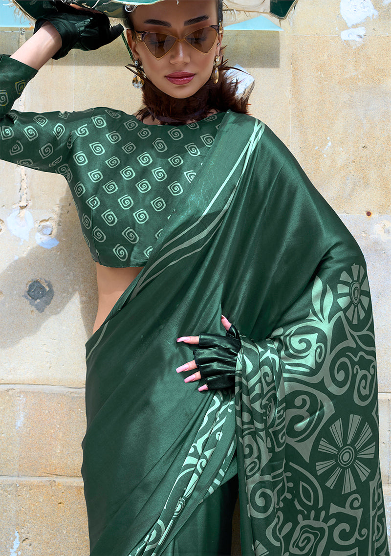 Monjolika Fashion Printed Satin Dark Green Colour Classic Saree
