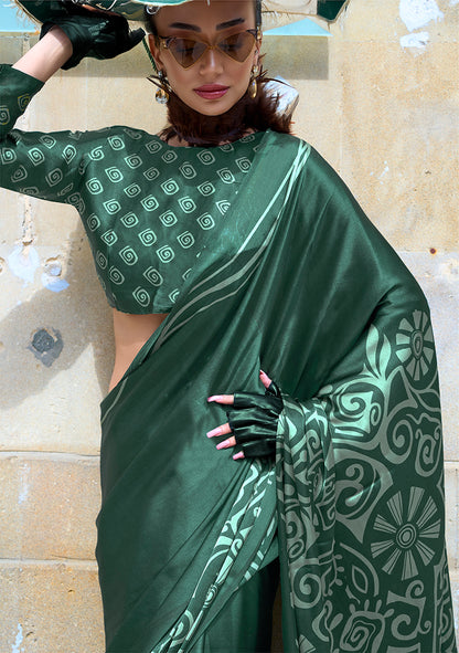 Monjolika Fashion Printed Satin Dark Green Colour Classic Saree - Distacart