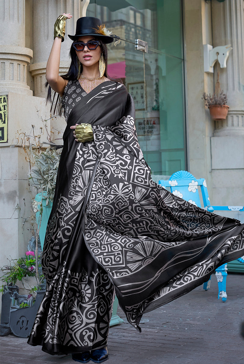 Monjolika Fashion Printed Satin Black Colour Classic Saree
