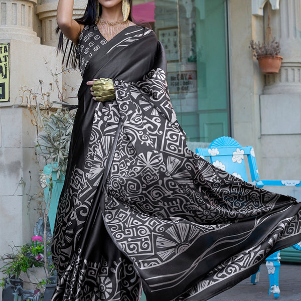 Monjolika Fashion Printed Satin Black Colour Classic Saree - Distacart