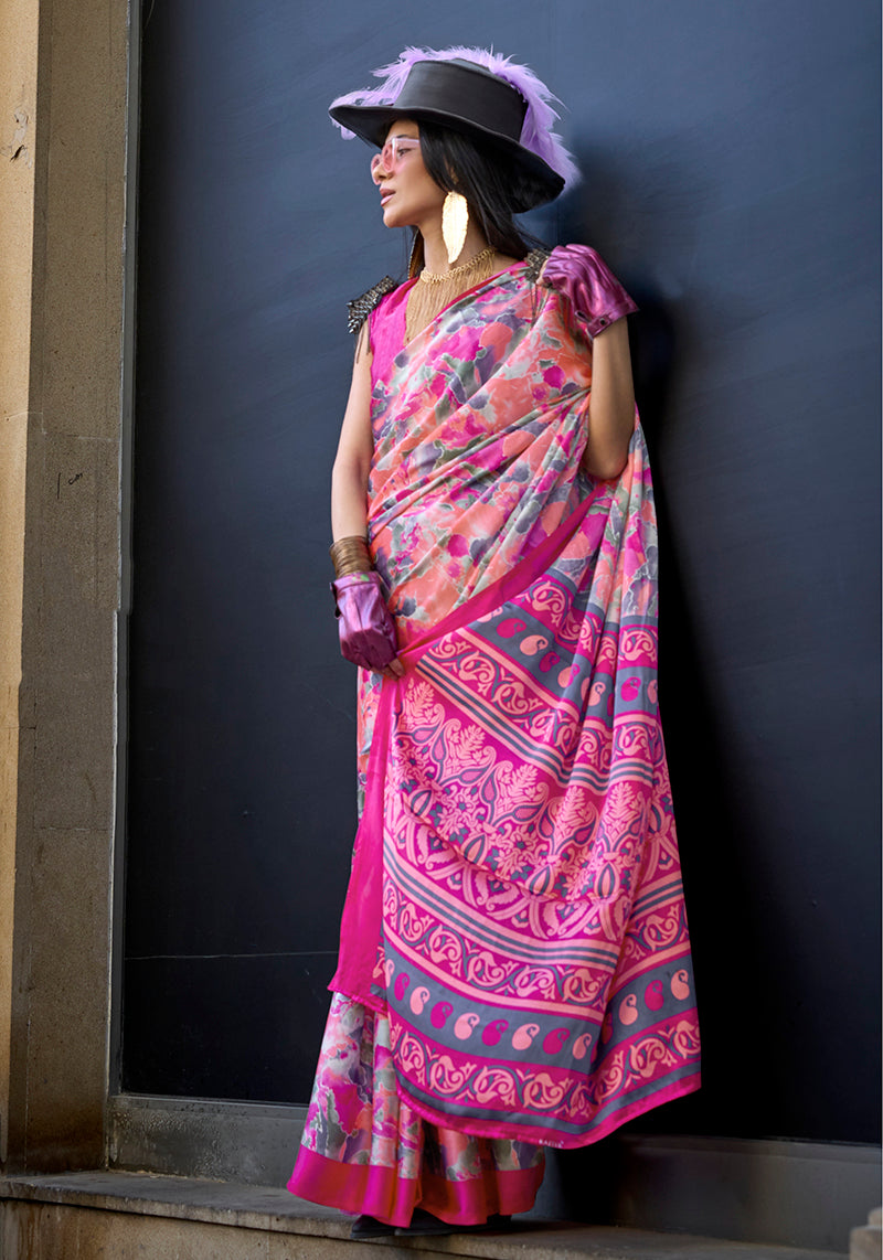 Monjolika Fashion Printed Satin Pink Colour Classic Saree