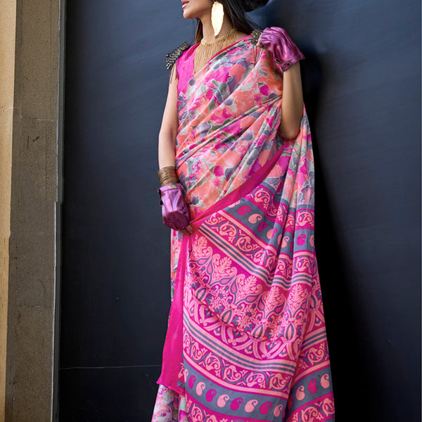 Monjolika Fashion Printed Satin Pink Colour Classic Saree - Distacart