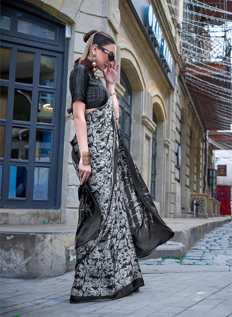 Monjolika Fashion Printed Satin Black Colour Classic Saree - Distacart