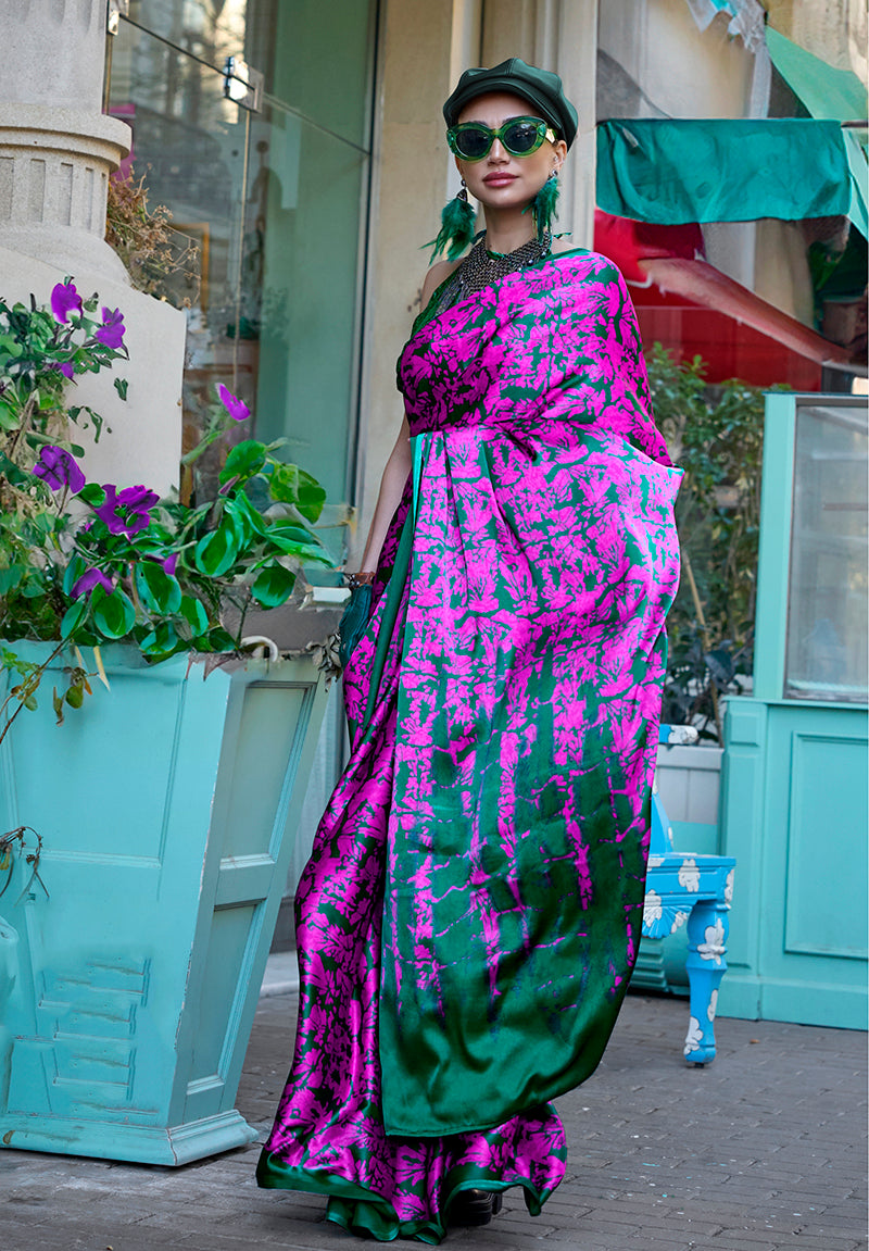 Monjolika Fashion Printed Satin Magenta Colour Classic Saree