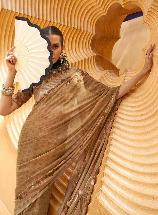 Monjolika Fashion Printed Georgette Classic Saree In Brown