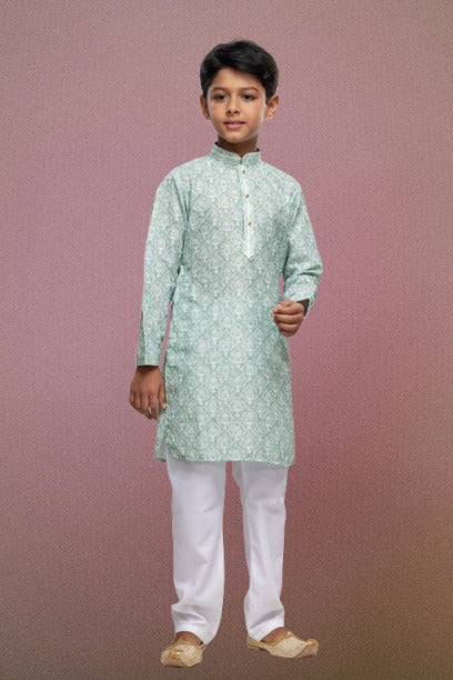 Raivat Ethnic Cotton Thread Work Kids Kurta Pajama In Light Green Colour - Distacart
