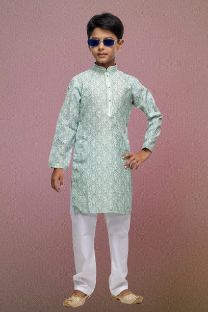 Raivat Ethnic Cotton Thread Work Kids Kurta Pajama In Light Green Colour - Distacart