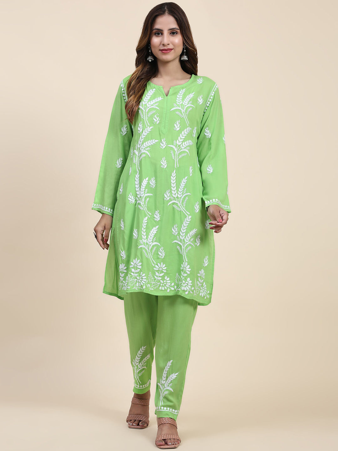 HOUSE OF KARI Floral Embroidered Chikankari Pure Cotton Kurta with Trousers - Distacart