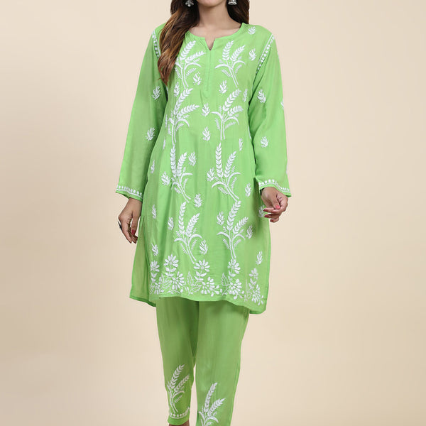 HOUSE OF KARI Floral Embroidered Chikankari Pure Cotton Kurta with Trousers - Distacart