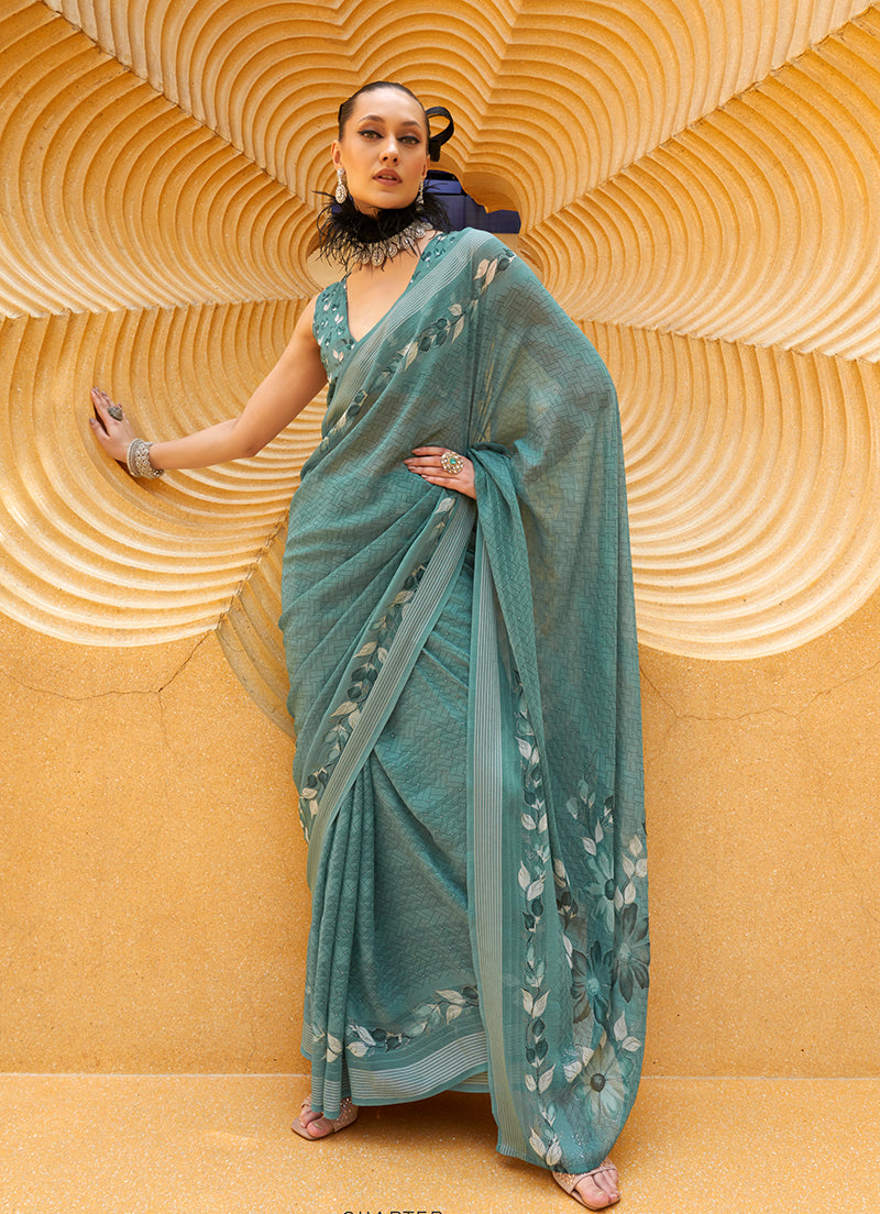 Monjolika Fashion Printed Georgette Classic Saree In Teal