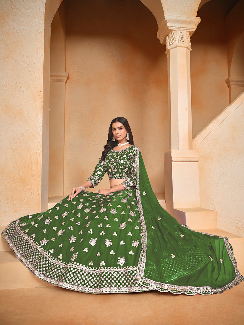 Monjolika Fashion Embroidered Art Silk Green Designer Lehenga Choli