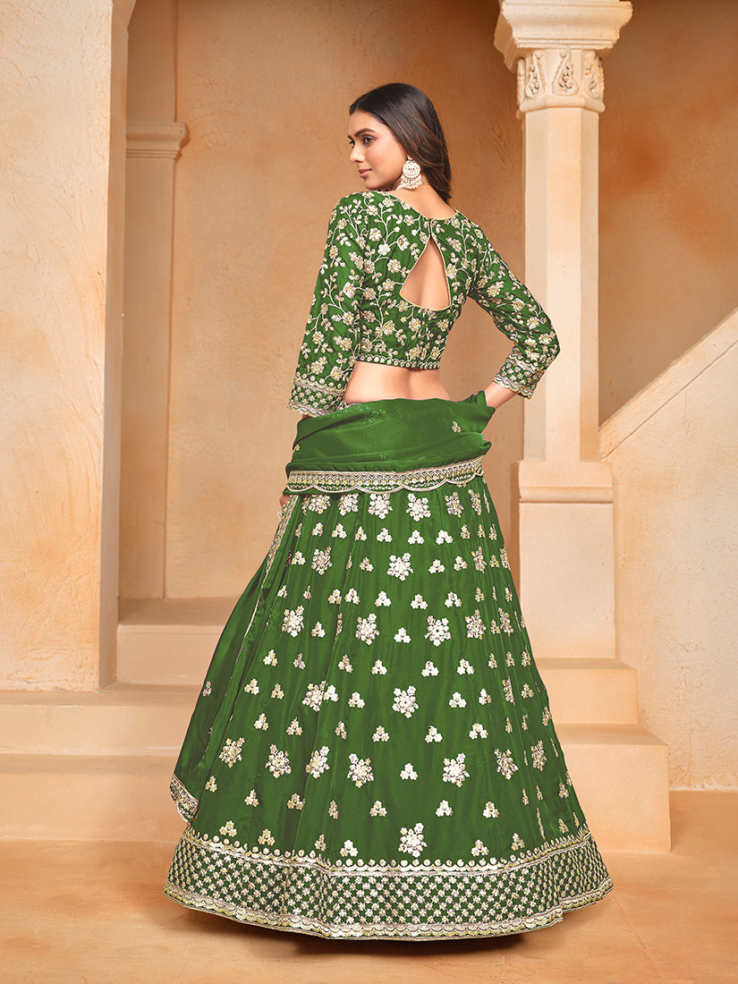 Monjolika Fashion Embroidered Art Silk Green Designer Lehenga Choli