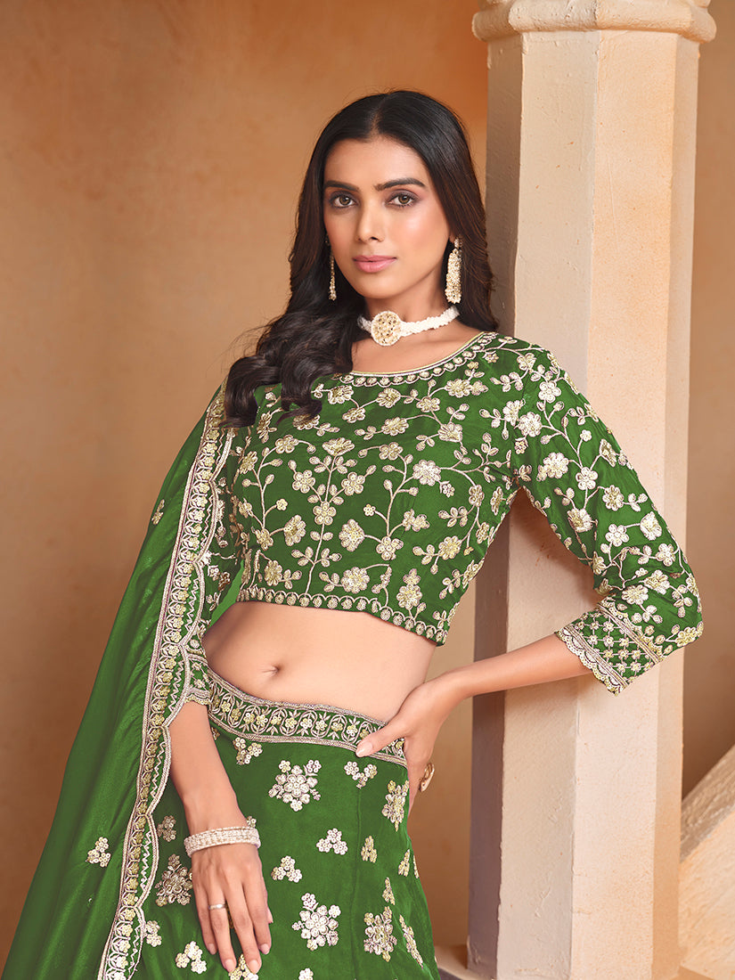 Monjolika Fashion Embroidered Art Silk Green Designer Lehenga Choli