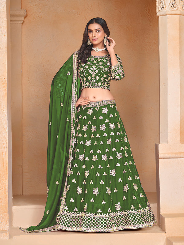 Monjolika Fashion Embroidered Art Silk Green Designer Lehenga Choli