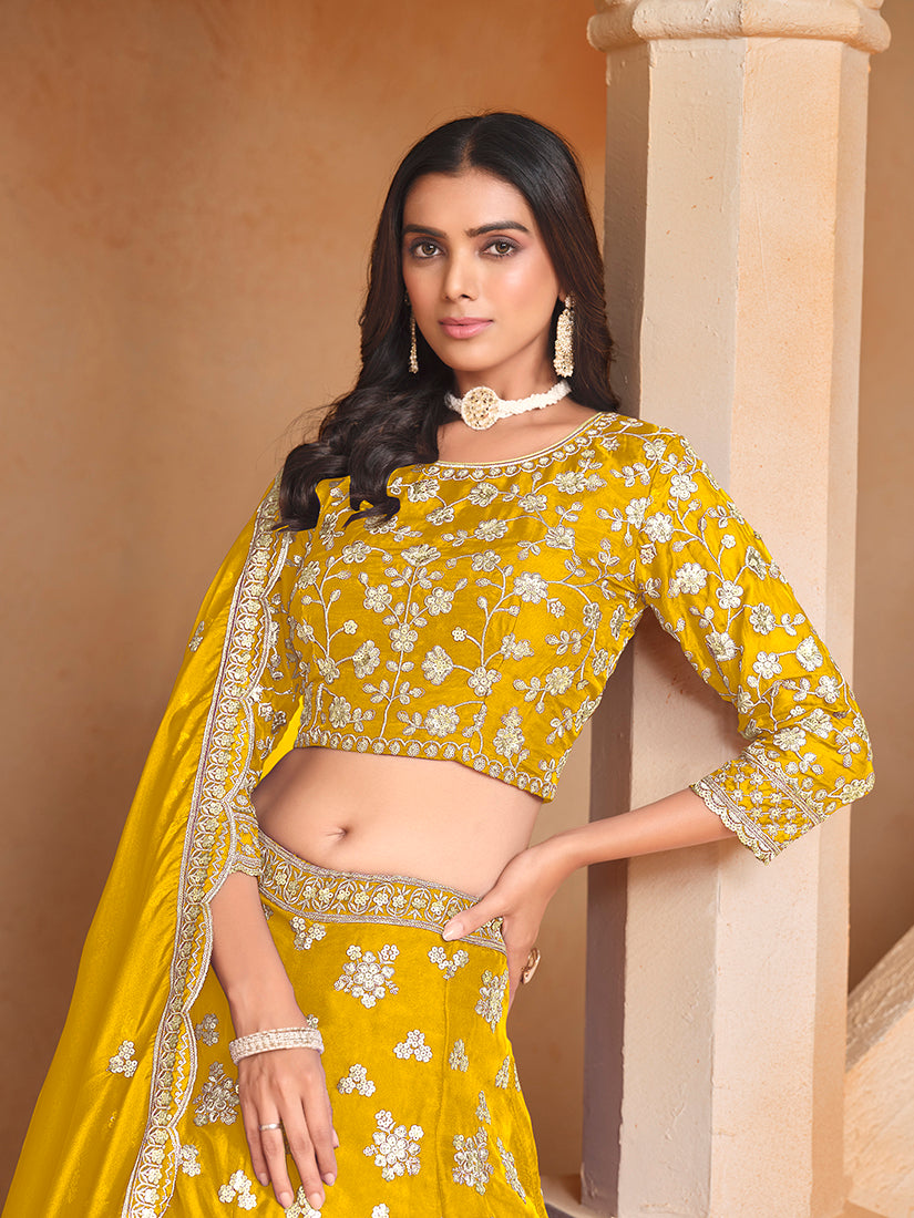 Monjolika Fashion Embroidered Art Silk Yellow Designer Lehenga Choli