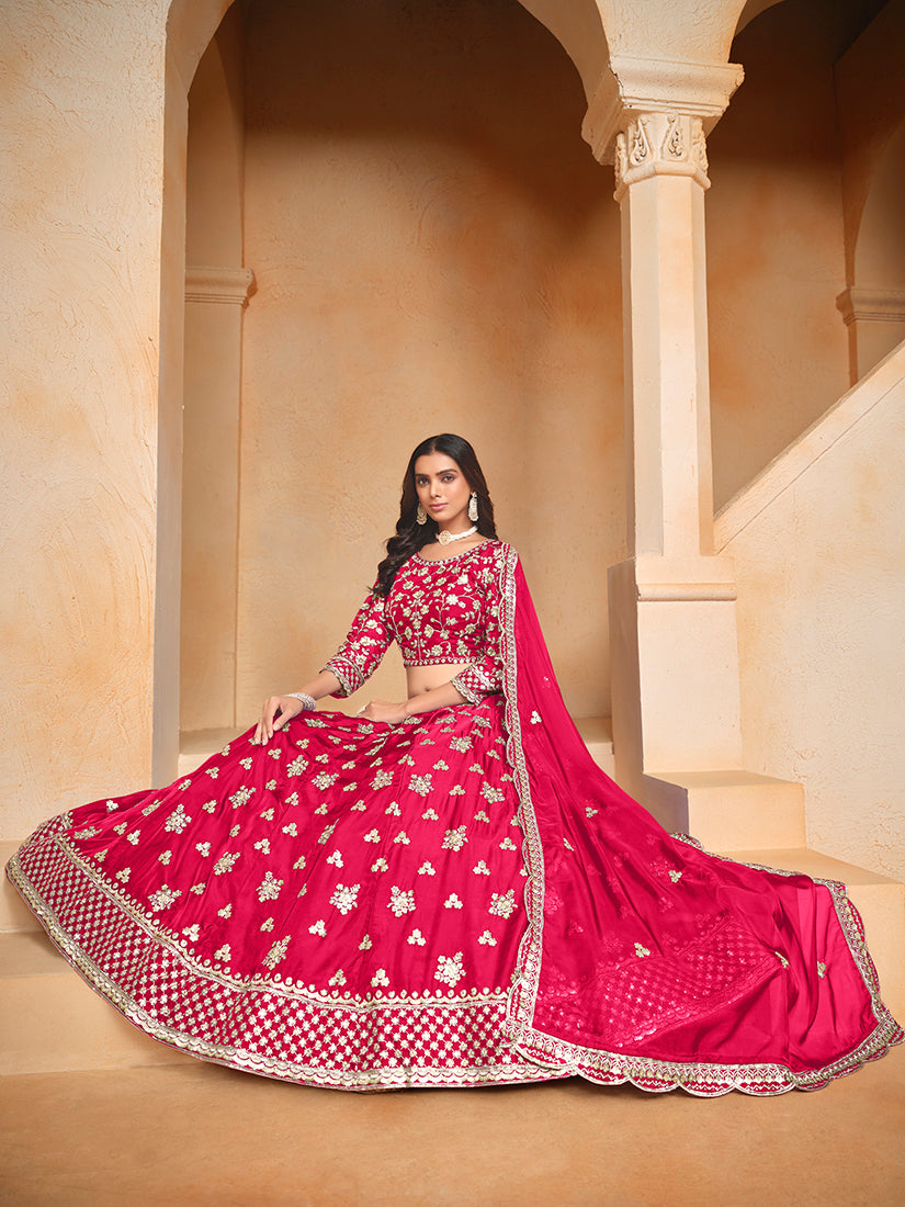Monjolika Fashion Embroidered Art Silk Rani Pink Designer Lehenga Choli