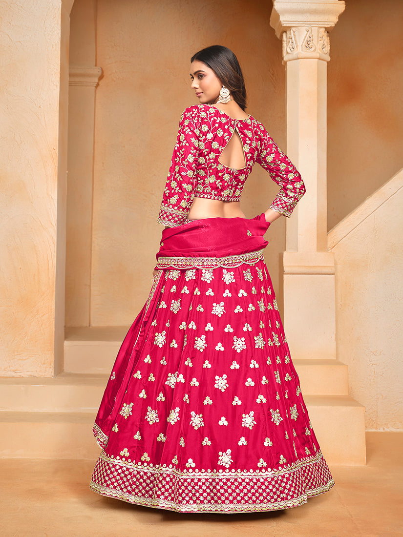 Monjolika Fashion Embroidered Art Silk Rani Pink Designer Lehenga Choli