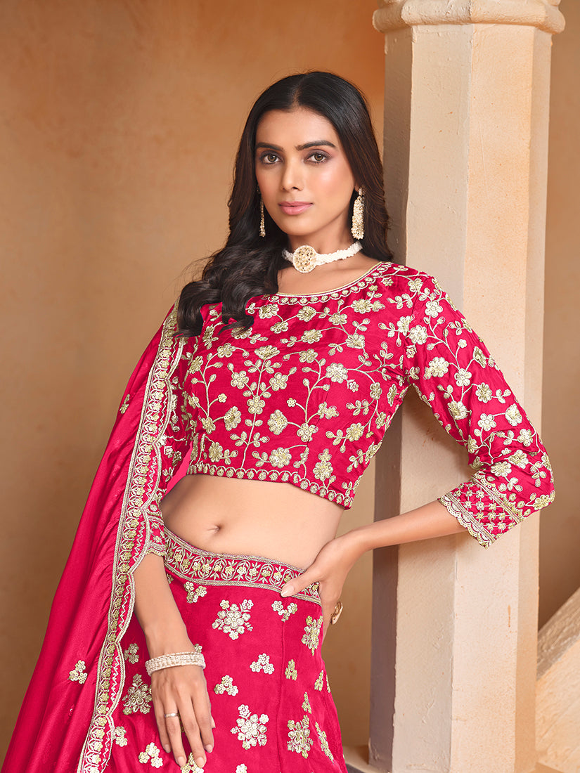 Monjolika Fashion Embroidered Art Silk Rani Pink Designer Lehenga Choli