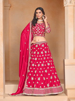 Monjolika Fashion Embroidered Art Silk Rani Pink Designer Lehenga Choli