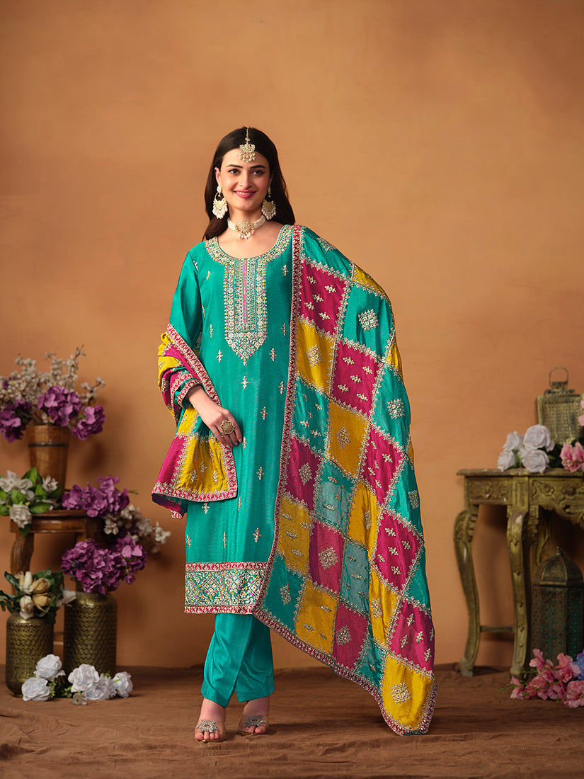 Monjolika Fashion Turquoise Color Embroidered Santoon Chinnon Salwar Suit