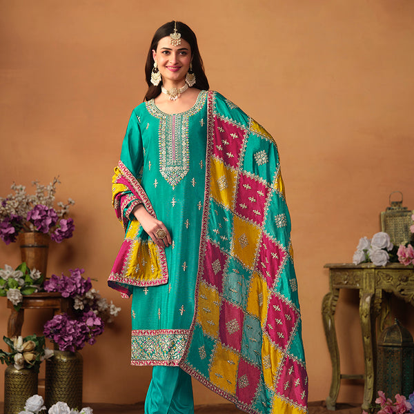 Monjolika Fashion Turquoise Color Embroidered Santoon Chinnon Salwar Suit - Distacart