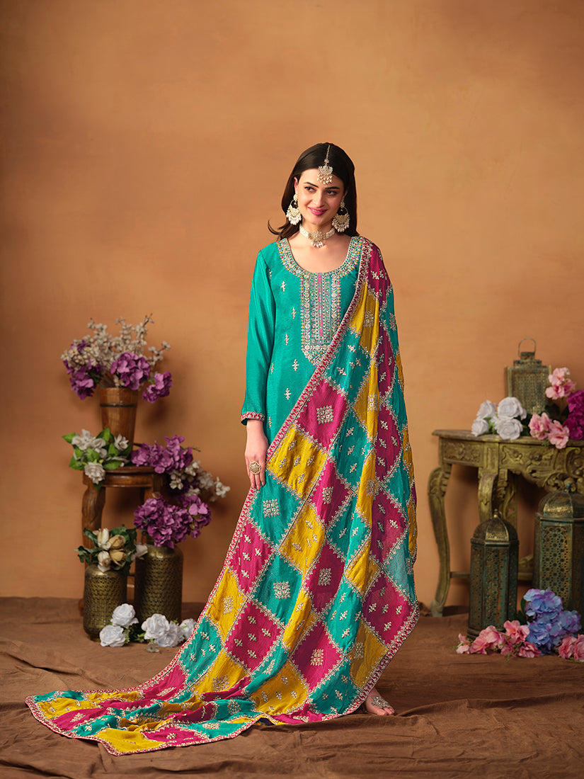 Monjolika Fashion Turquoise Color Embroidered Santoon Chinnon Salwar Suit