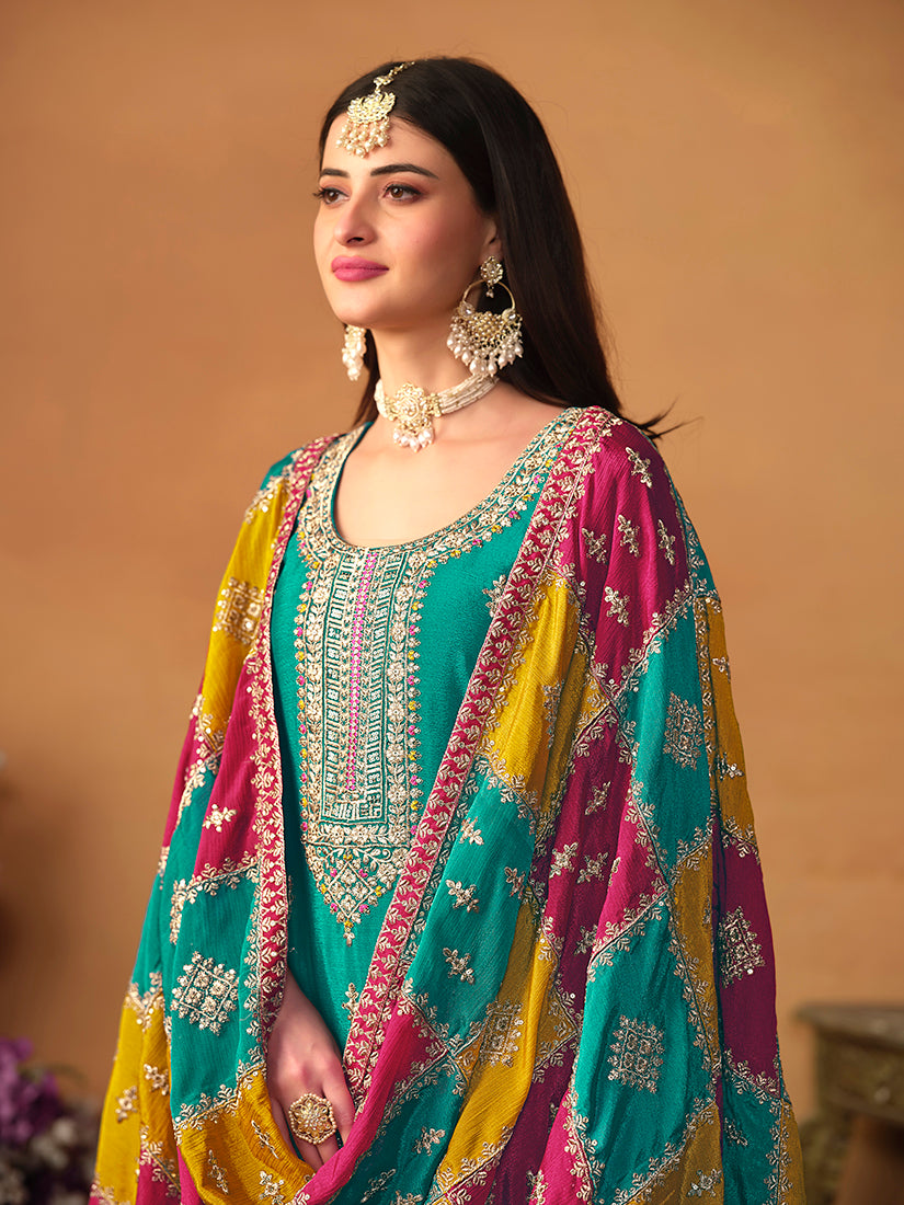 Monjolika Fashion Turquoise Color Embroidered Santoon Chinnon Salwar Suit