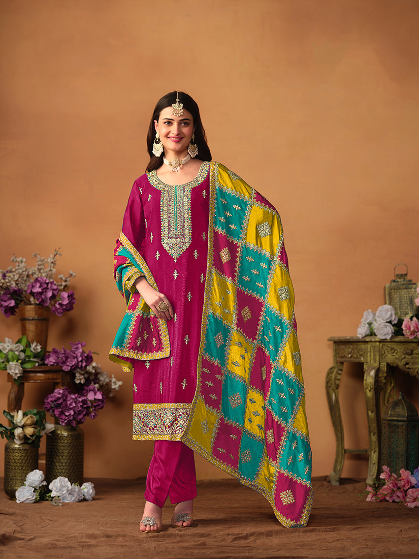 Monjolika Fashion Rani-Pink Color Embroidered Santoon Chinnon Salwar Suit