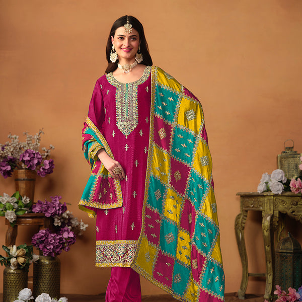 Monjolika Fashion Rani-Pink Color Embroidered Santoon Chinnon Salwar Suit - Distacart