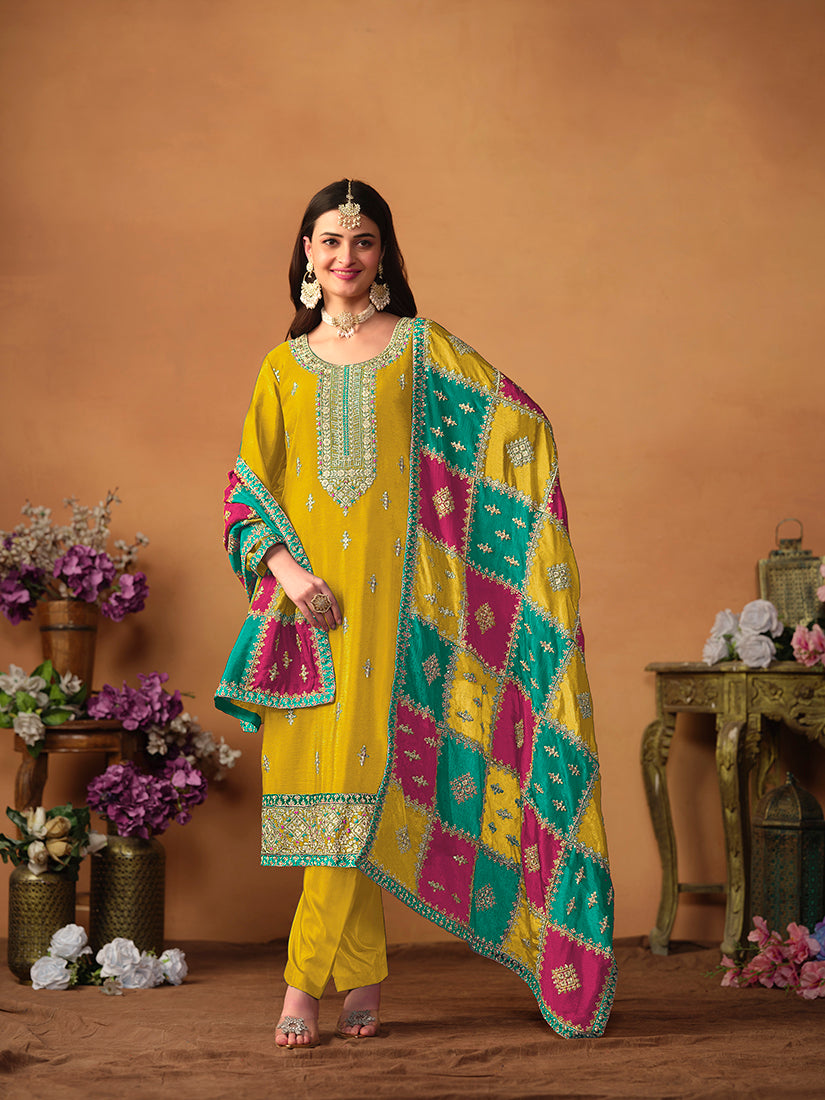 Monjolika Fashion Mustard Color Embroidered Santoon Chinnon Salwar Suit