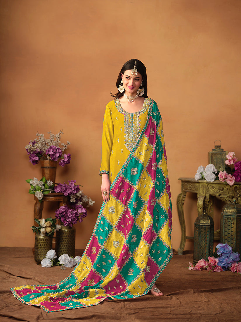 Monjolika Fashion Mustard Color Embroidered Santoon Chinnon Salwar Suit
