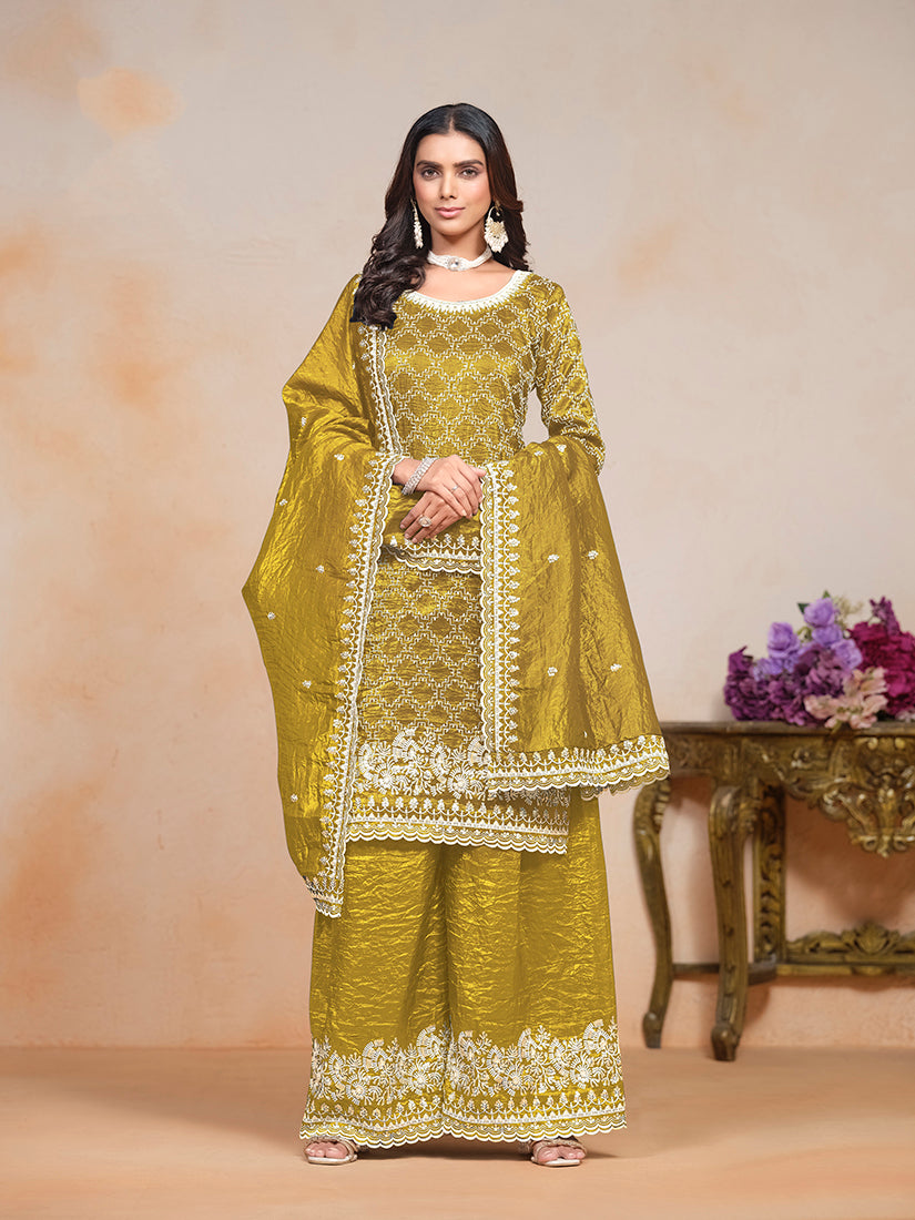 Monjolika Fashion Mustard Color Embroidered Santoon Art Silk Salwar Suit