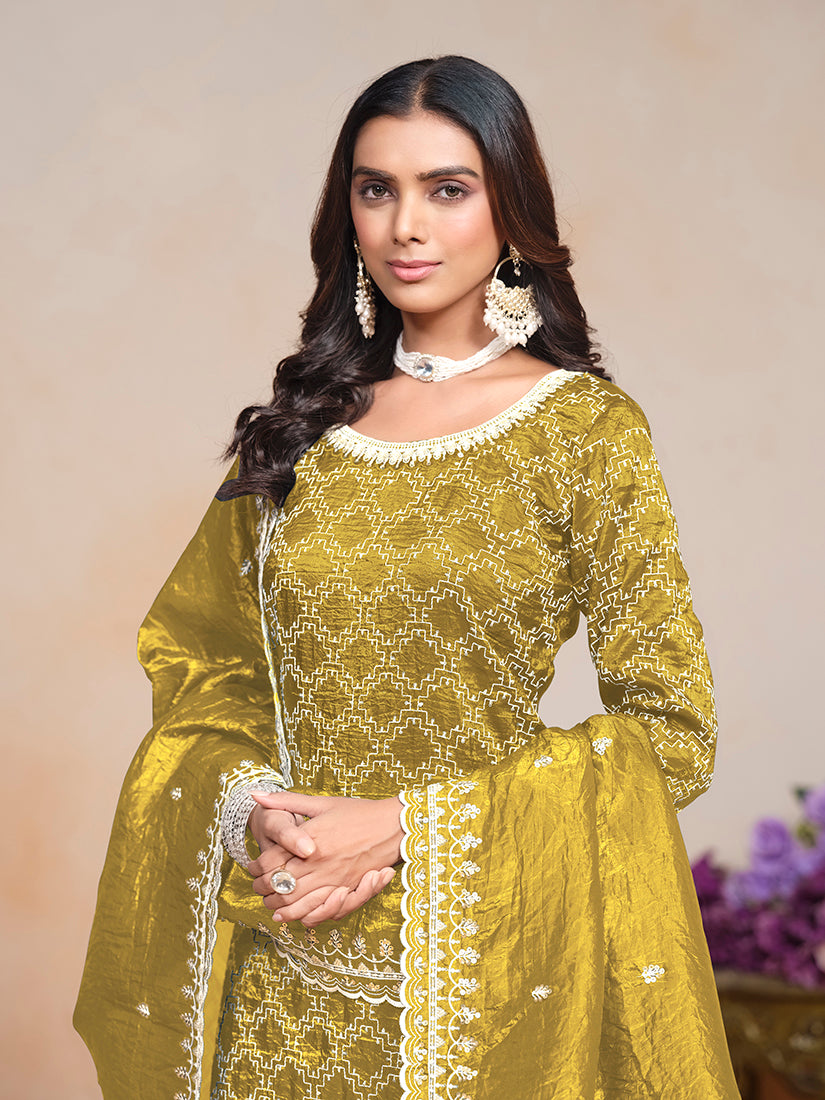 Monjolika Fashion Mustard Color Embroidered Santoon Art Silk Salwar Suit