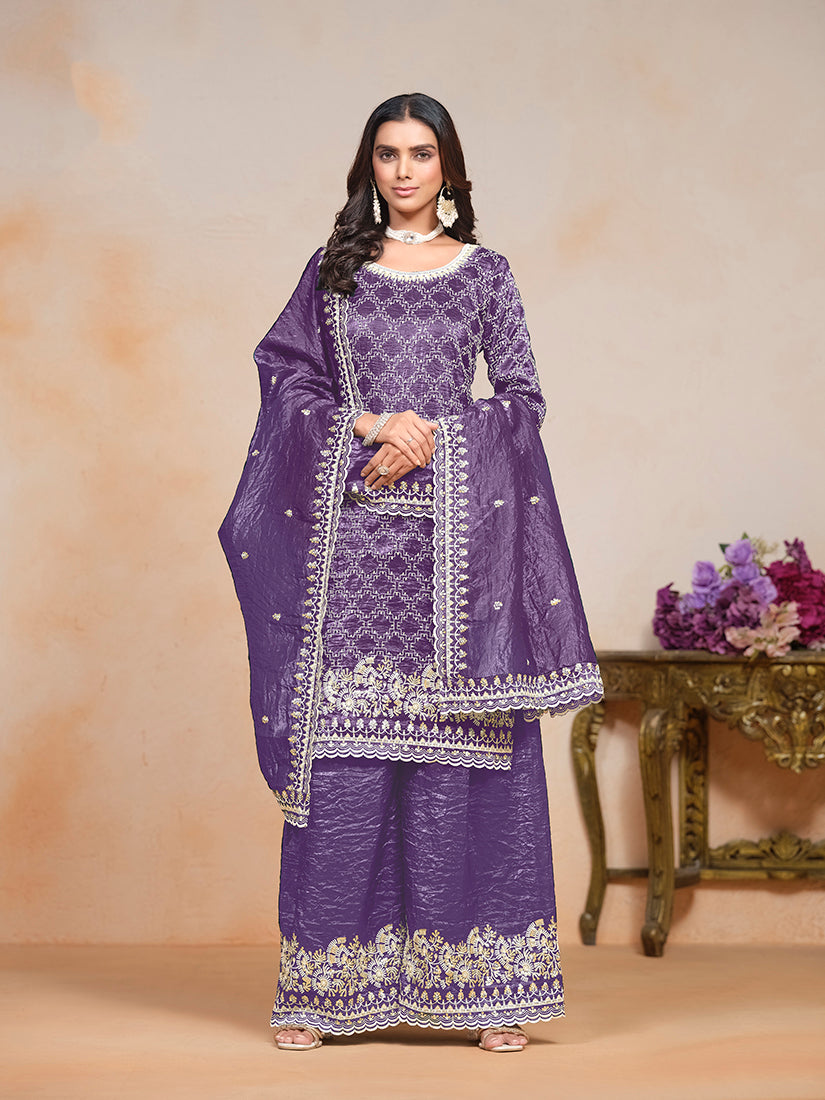 Monjolika Fashion Violet Color Embroidered Santoon Art Silk Salwar Suit