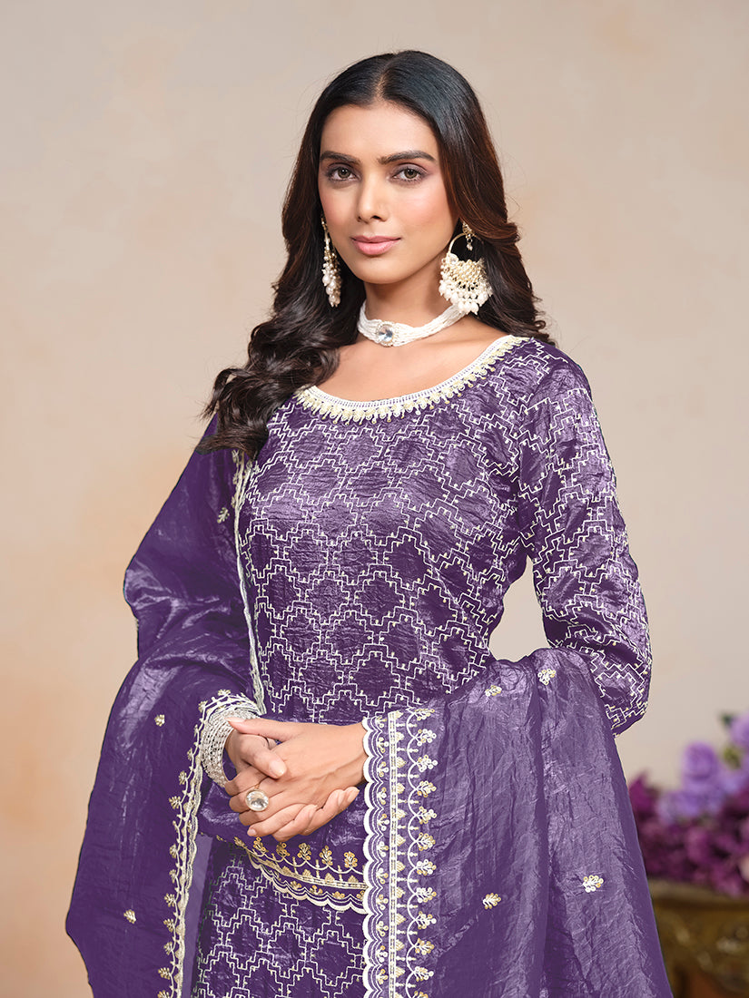 Monjolika Fashion Violet Color Embroidered Santoon Art Silk Salwar Suit