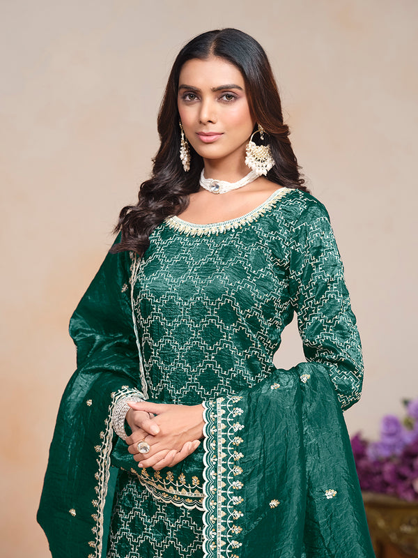 Monjolika Fashion Teal-Green Color Embroidered Santoon Art Silk Salwar Suit