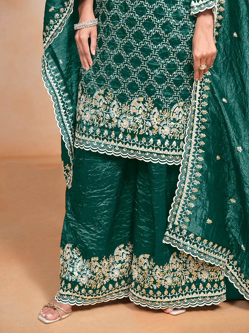Monjolika Fashion Teal-Green Color Embroidered Santoon Art Silk Salwar Suit